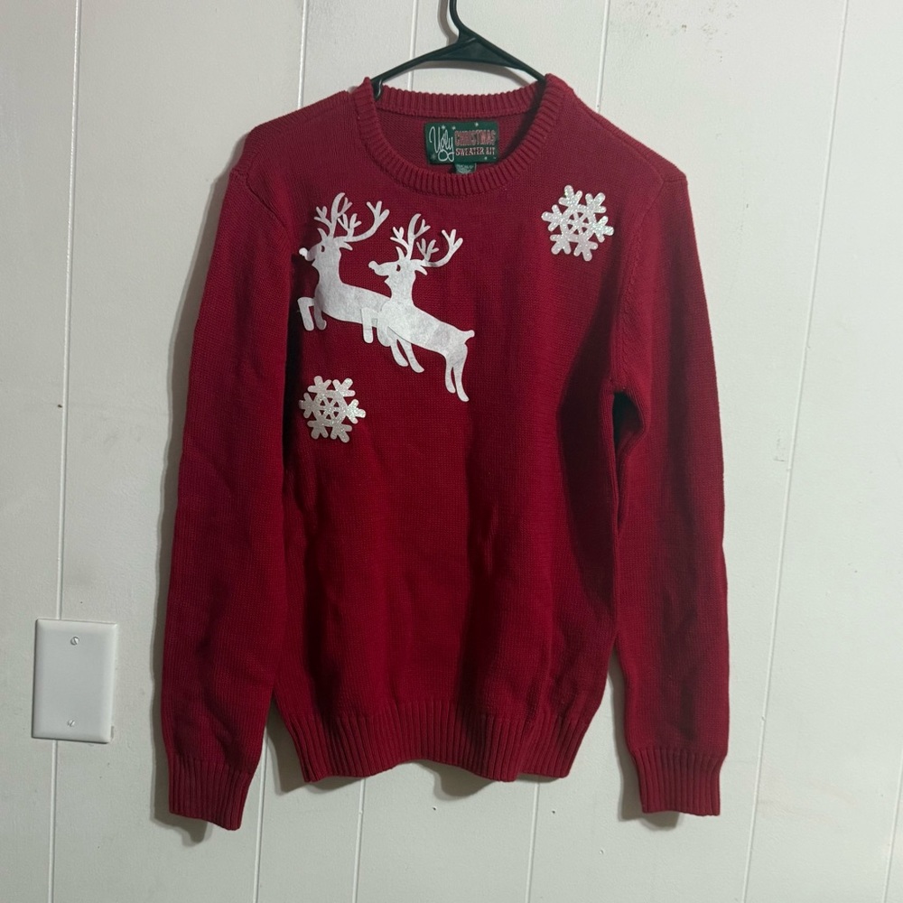 Ugly Christmas Sweater Red Crewneck with Reindeer‎